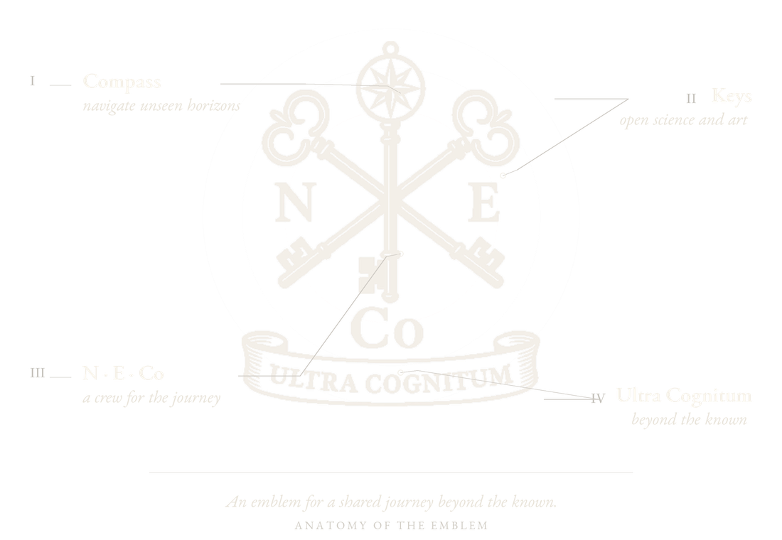 Anatomy of The New Explorers emblem: compass, keys, N E Co and Ultra Cognitum